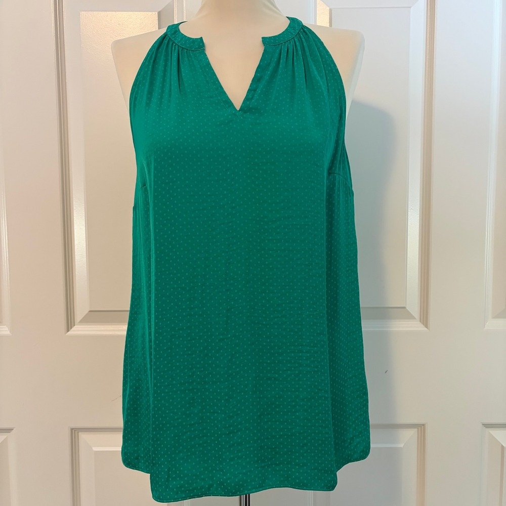 Cabi Green Polka Dot Halter Neck Pleated V-Neck Blouse Tank Top Womens Small